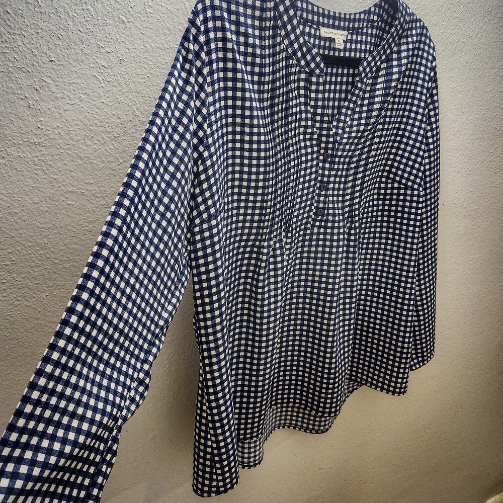 Notations Gingham Blouse Womens XL Navy White Check Peasant Top Flowy Casual